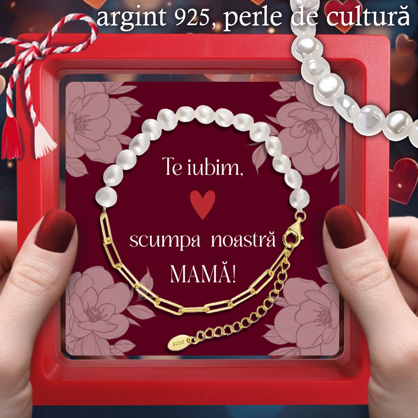Cadou pentru Mamă ❤ Brățară din argint placat și perle, mesaj plural, ramă 3 culori