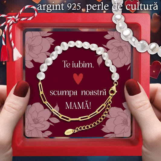 Cadou pentru Mamă ❤ Brățară din argint placat și perle, mesaj plural, ramă 3 culori